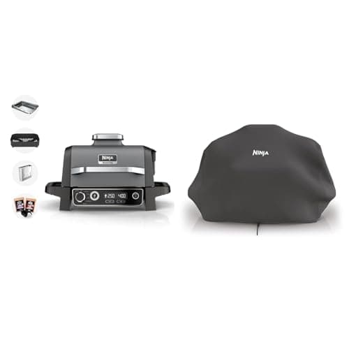 Image of Ninja Woodfire Electric BBQ Grill & Smoker, 7-in-1 Outdoor Barbecue Grill & Air Fryer, Grey/Black, OG701UK & Woodfire Grill Cover, Black,XSKCOVEREUUK
