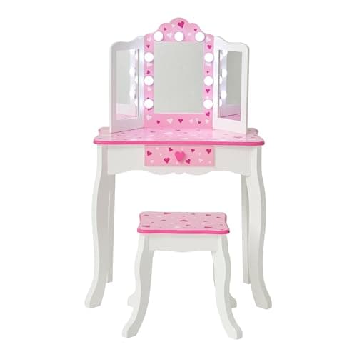 Image of Fantasy Fields Gisele Sweethearts Kids Vanity Table & Stool Set with Tri-Fold LED Acrylic Mirror, Drawer Storage, White/Pink Sweetheart Bedroom Dressing Table for Ages 3+