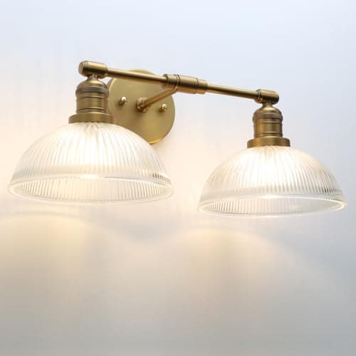 Image of Yosoan Industrial 2-Light Wall Lights with Dome Ribbed Glass Shade,Indoor Wall Sconces Light for Bedroom Living Room Kitchen (Antique Gold)