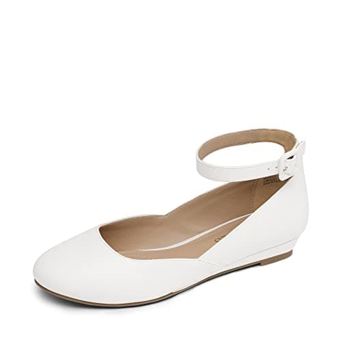 Image of DREAM PAIRS Women's Ballet Flats Pumps Ballerina Ankle Strap Elastic Low Wedge Sandals Round Toe Comfy Dolly Shoes,Size 6.5,White/pu,REVONA