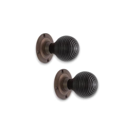 Image of Infinity Decor Ebonised Wooden Beehive Mortice Rim Door Knobs Brass Pull Handles on Unsprung Rose 55mm – Ideal for Interior & Exterior Use (Matt Antique)