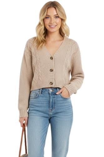 Image of STAR FASHION New Women's Ladies Chunky Cable Knitted Cropped Cardigan Long Sleeve 3 Button Short Crop Top Warm Sweater Jacket Pary Wear UK Size 8-14 Mocha