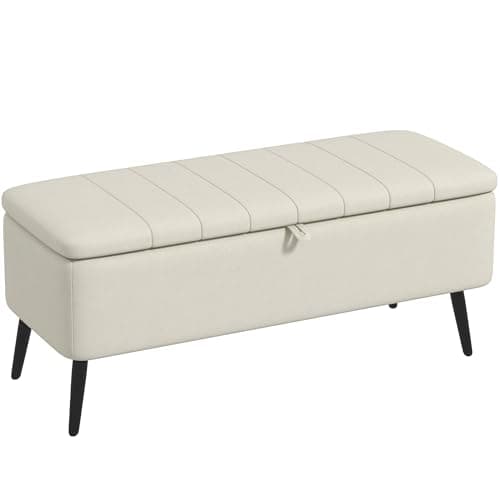 Image of HOMCOM Storage Ottoman with Flip Top, Rectangular Upholstered Bench, Linen Look Fabric Footstool with Steel Legs for Living Room, Bedroom, Cream White