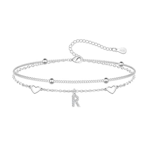 Image of Hcvone S925 Bracelets for Women Girls Silver Heart Initial A-Z Bracelet Layered Bead Bracelets Jewellery For Friends Mum Daughter Sister (R)