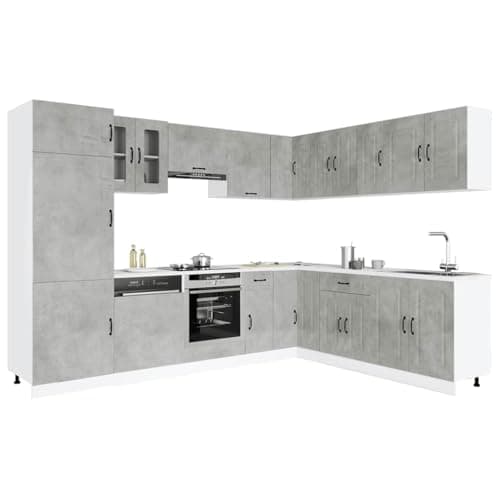 Image of KTHLBRH 14 Piece Kitchen Cabinet Set in Kalmar Concrete Grey Engineered Wood with Ample Storage Space and Adjustable Feet for Kitchen Organization