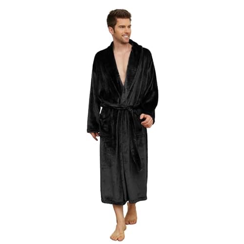 Image of U2SKIIN Mens Fleece Robe Plush Collar Shawl Bathrobe (Black, L/XL)