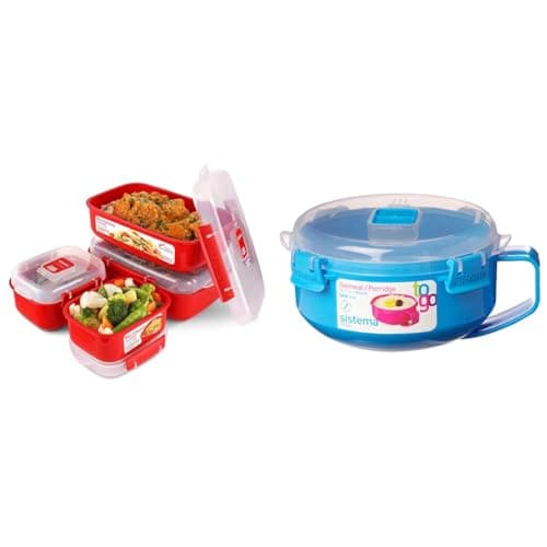 Image of Sistema Heat and Eat Microwave Set | 4 Rectangular Food Containers with Lids & Microwave Breakfast Bowl | Round Microwave Container with Lid | 850 ml | BPA-Free | Assorted Colours | 1 Count