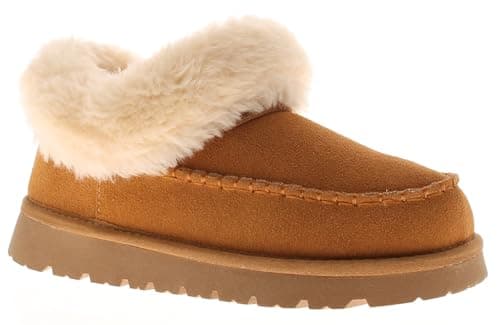 Image of Apache Genuine Leather & Suede Moccasin Slippers for Women - Faux Fur Lined. Cushioned Comfort. Non-Slip Rubber Sole Tan 3 UK