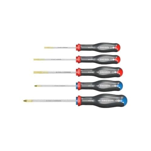 Image of FACOM Set of 5 Protwist Slotted and Prozidriv Screwdrivers – Ergonomic Non-Slip Handles – 3 Slotted Screwdriver + 2 Prozidriv Screwdriver – at.5Pb Multi