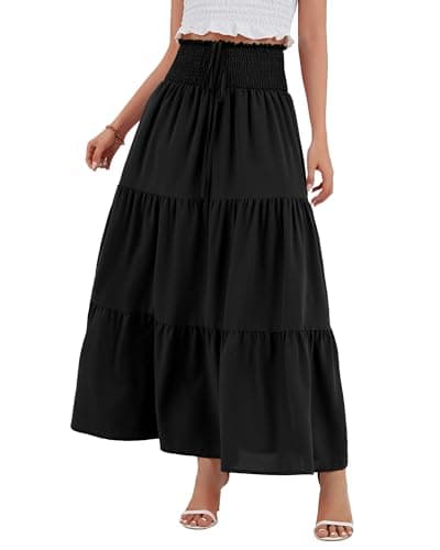 Image of TRIWORKS Black Maxi Skirt,Elegant High Waist 2 in 1 Chiffon Tiered Midi Skirt,Elastic Boho Summer Long Skirts L