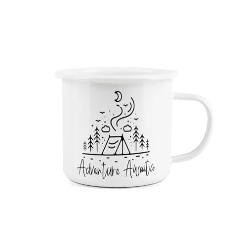 Image of Adventure Awaits Enamel Mug - Camping Gift Durable Hot Drinks White Outdoor Cup - Travel Picnics Home Hiking