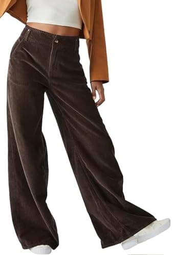 Image of CheChury Corduroy Trousers Women High Waist Cord Pants Casual Baggy Straight Wide Leg Trousers Leisure Corduroy Pants with 4 Pockets,Coffee,XXL
