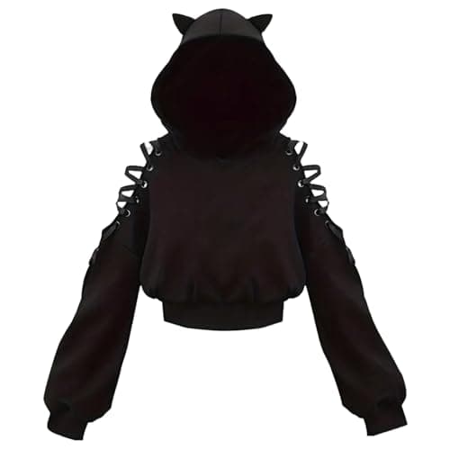 Image of Xumplo Girls Crop Top Hoodie Teens Cat Ear Sweatshirt Tween Girl Punk Gothic Pullover Black Jumper Clothes 12-14 Years
