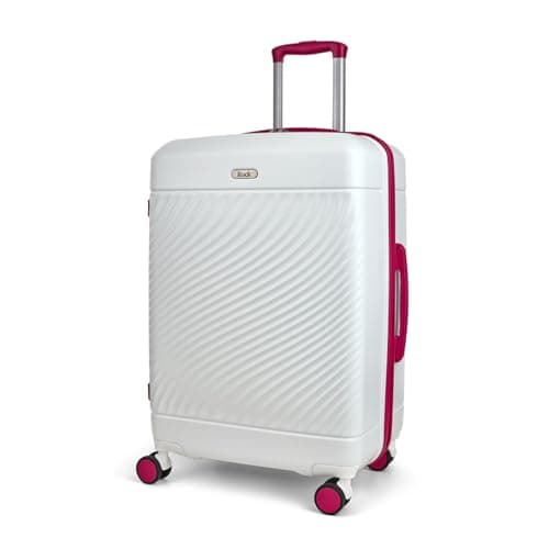 Image of Rock Love Island Suitcase in White with Pink - Medium Hard Shell Case for Style Seekers & Travel Lovers - Lightweight & Durable, 360 Swivel Wheels & Telescopic Handle - 66x46x30cm 75L Capacity