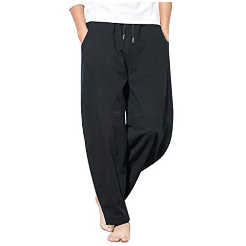 Image of Yowablo Men's Casual Work Trousers Loose Fit Cotton Stretch Chino Trousers Linen Trousers, 2- Black, L