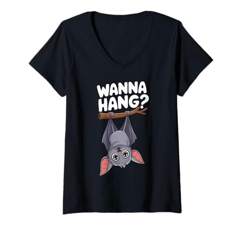 Image of Womens Wanna Hang Cute Bat Funny Spooky Halloween Humor V-Neck T-Shirt