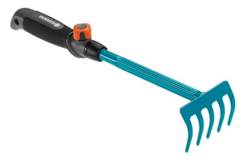 Image of GARDENA combisystem Flower Rake: Five-tined hand rake for raking and loosening soil in beds and flower boxes, 8.5 cm working width, ergonomic handle, corrosion protection (8925-20)