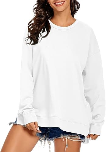 Image of APEIYU Women Crew Neck High Low Long Sleeve Sweatshirts Loose Fit Solid Color Side Split Knit Pullovers Tops White L