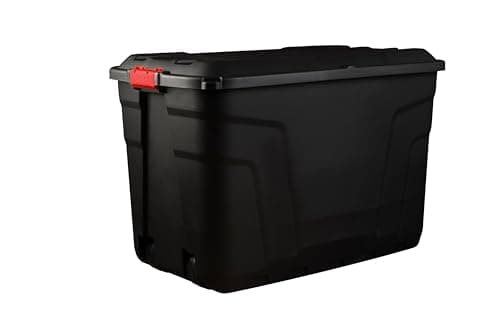 Image of Strata Heavy Duty Large Storage Box with Lid, 190L, Lockable, Indoor/Outdoor. Black Box with Red Handles, Wheels