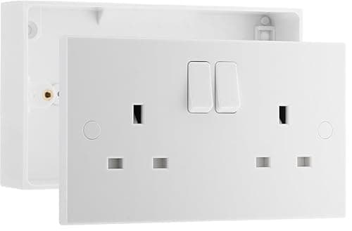Image of BG Electrical Double Switched Power Plug Wall Socket and 32mm Surface Mounted Back Box, 2 Gang Pattress Box, Square Edge, Nexus 900 Series, White Moulded, IP20, 13A, 922/902