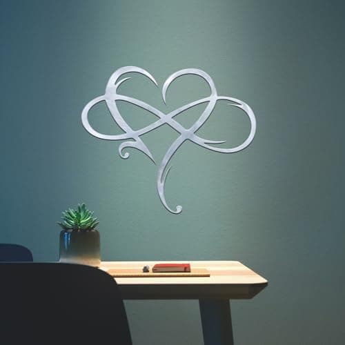 Image of MayLove-US Infinity Heart Metal Wall Decor, Unique Infinity Heart Wall Decor Love Sign Plaque Steel Art Geometric Bedroom Ornaments Cut Out for Home, Wedding Decor (15.7x13.7in, Silver)