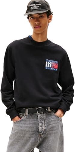 Image of Tommy Jeans Mens Tjm Reg Rwb Flag Crew Ext Dm0dm22093 Pullover Sweatshirt, Black (Black), M UK