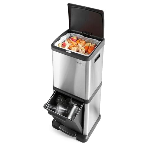 Image of VonHaus Kitchen Bin, 34L Vertical Recycling Bin, Stainless Steel Two Section Food Waste Separation System with Non-Slip Base & Removable Inner-Compartments, Narrow Trash Can, 1x18L & 1x16L