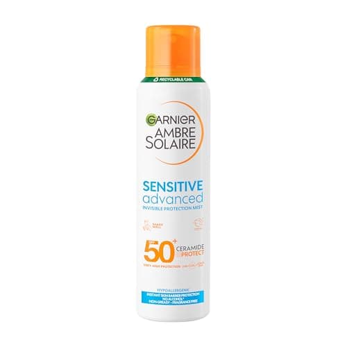 Image of Garnier Ambre Solaire Sun Cream Spray SPF 50+ Sensitive Advanced Dry Mist, Water Resistant & Non Greasy Sunscreen, Fragrance Free, UVA & UVB Protection, 150ml