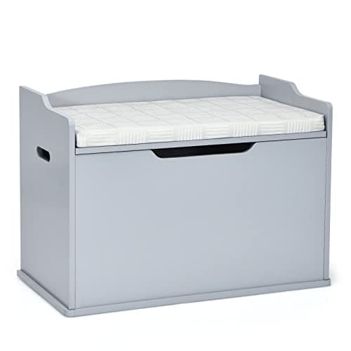 Image of COSTWAY Wooden Toy Box, Kids Bench and Storage Chest with Cushion, Safety Hinged Lid & Handles, Children's Organizer Cabinet for Playroom Bedroom (Grey)