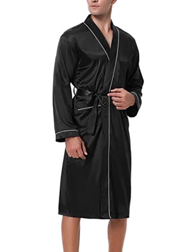 Image of Bresdk Men's Satin Robe Kimono Dressing Gown Silk Lightweight Long Sleeve Bathrobe with Belt and Pockets Night Robe for Wedding Party Black XL