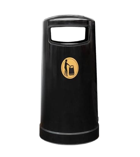 Image of Glasdon Topsy™ 65 Outdoor Litter Bin – Compact, Weather- and Vandal-resistant Park/Street Litter Bin – Made in UK – Comes with Gold Graphic, Concrete/Paving Fixing Kit (Black - Steel Liner)