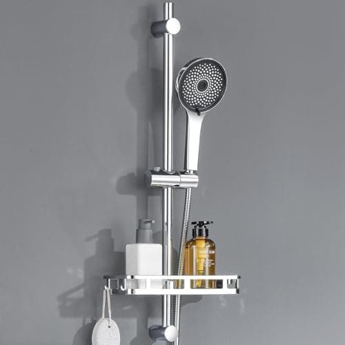 Image of Auralum 70cm Shower Riser Rail with Soap Dish and 5-Mode Handheld Shower Head - 360°Adjustable Shower Head Holder - Anti-Corrosion Premium Stainless Steel for Bathroom, Chrome
