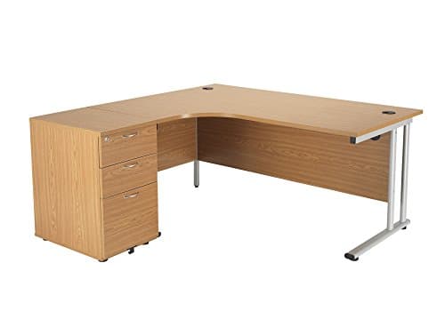 Image of Office Hippo Heavy Duty Left Corner Radial Desk - 3 Drawer High Storage, Home or Office Use, 5 Yr Warranty, MFC - Oak, Silver Frame, 160cm x 160.4cm