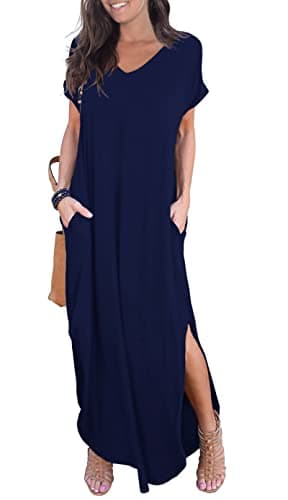 Image of GRECERELLE Women Maxi Long Dress Summer Casual Beach Boho Short Sleeve V Neck Maxi Dresses with Pocket (Navy Blue, XXL)