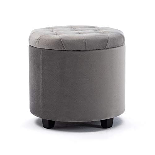 Image of HNNHOME 45cm Round New Velvet Padded Seat Ottoman Storage Stool Box, Footstool Pouffes Chair with Lids (Grey, Velvet)