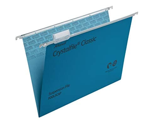 Image of Rexel Foolscap Suspension Files with Tabs and Inserts for Filing Cabinets, 15 mm V base, 100 Percent Recycled Manilla, Blue, Crystalfile Classic, Pack of 50, 78143