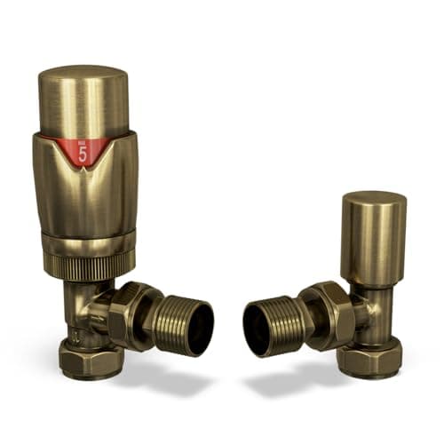 Image of UK Radiators Thermostatic Radiator Valve (TRV) - 15mm Angled Lockshield - Old Antique Brass Colour - Energy Saving 1/2" x 15mm Brass Angled Valve
