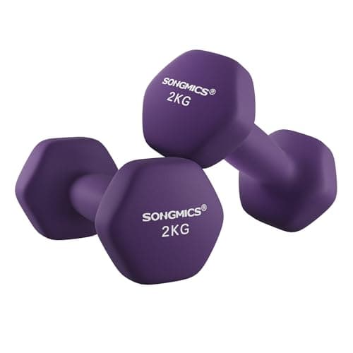 Image of SONGMICS Set of 2 Dumbbells, 2 x 2 kg Hand Weights with Neoprene Coating, Hexagonal Dumbbells Pair, Home Workout, Fitness Training Exercise, Purple SYL64PL