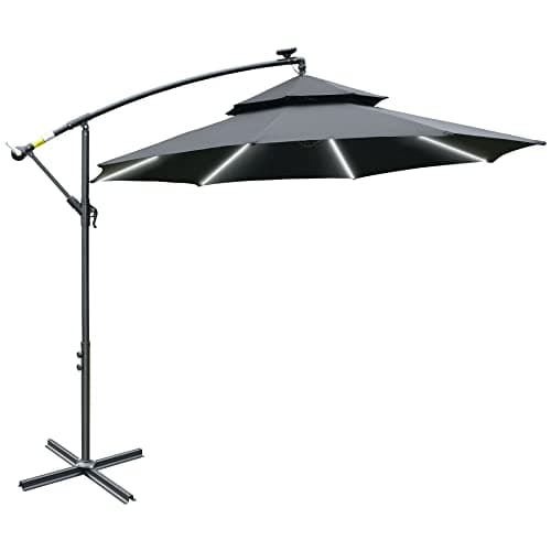 Image of Outsunny 3(m) Cantilever Banana Parasol Hanging Umbrella with Double Roof, LED Solar lights, Crank, 8 Sturdy Ribs and Cross Base for Outdoor, Garden, Patio, Black