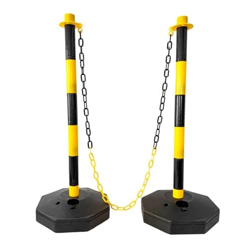 Image of 2 Traffic Safety Delineator Posts - Yellow and Black | Height Adjustable Barrier Posts with Fillable Base and 2 Meter Plastic Chain | Portable Indoor Queue & Access Control Poles with S Connectors