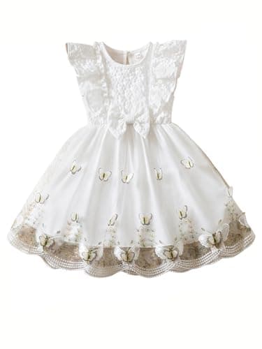 Image of JiAmy Toddler Girls Princess Dress Butterfly Embroidered Tulle Dress Baby Girl Party Birthday Dress Ruffle Sleeve Flower Girl Dress for 2-3 Years, White