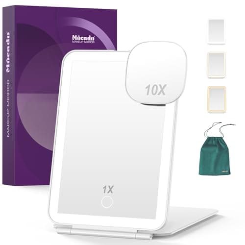 Image of Mocado Rechargeable Travel Makeup Mirror with 72 LED Lights, 1X/10X Magnifying Makeup Mirror with 3 Colors Lights, Tabletop Folding Mirrors for Travel, Touch Screen, Cosmetic - White
