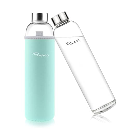 Image of RYACO Glass Water Bottle 750ml/25oz,Borosilicate Glass Bottle with Neoprene Protective Case for Hot Cold Drinks,BPA-Free Leak Proof,Sport Water Bottles with Sponge Brush,Dishwasher Safe