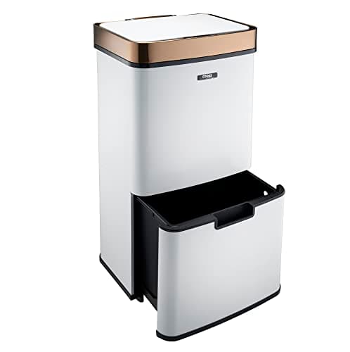 Image of Cooks Professional Recycling Sensor Bin 75L with Dual Compartments and Removable Food Caddy for Kitchen | Smart Automatic Brushed Stainless Steel Bins | White & Copper