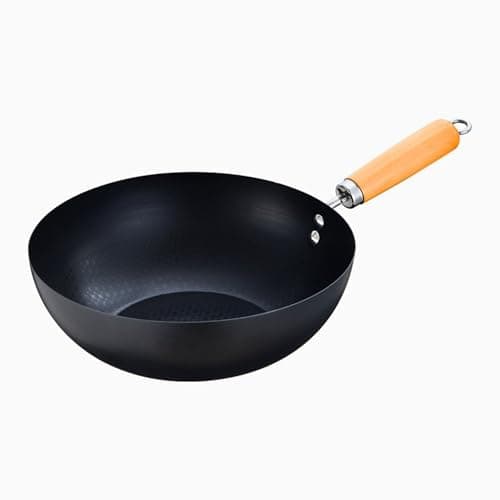 Image of Everypan Essential Carbon Steel Non Stick Wok with Double Riveted Wooden Handle, Deep Pan, Flat Base, Non-Stick Deep Stir Fry Pan (20 cm Wok)