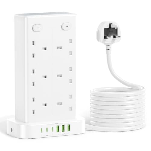 Image of 3M Tower Extension lead with USB Slots, 12 Way Multi Plug Extension Tower with 3 Type C and 3 USB A Ports, Overload Protection Power Cord Extension Plug Socket with 4 Individual Switches 13A 3250W