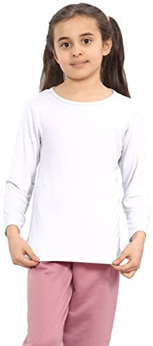 Image of janisramone® Kids Casual T Shirts Top, Breathable Viscose Blend Boys Long Sleeve T-Shirt, Stylish Round Neck Girls School Tops, Stretchy Boys Girls Long Sleeve Top, Shirts Size 2-13 Years White