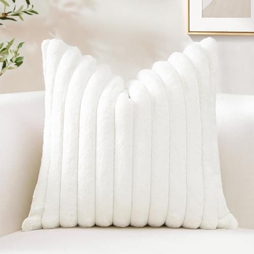 Image of Sungeek Set of 1 White Faux Rabbit Fur Cushion Cover 50x50 cm, Soft Cozy Plush Striped Decorative Throw Pillow Covers 20x20 Inch Velvet Square Pillowcases for Sofa Bedroom