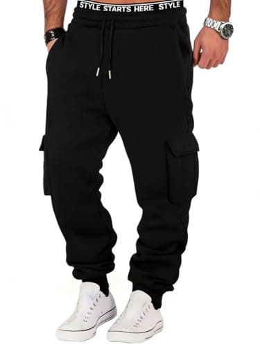 Image of Hello MrLin Joggers for Men UK Casual Drawstring Baggy Sweatpants Stretch Waist Gym Workout Tracksuit Bottoms Men with Pocket Black