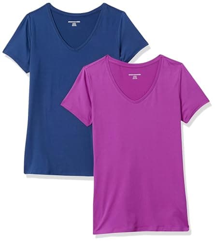Image of Amazon Essentials Women's Active Quick Dry Tech Stretch Short-Sleeve V-Neck Gym T-Shirt (Available in Plus Size), Pack of 2, Navy/Orchid Purple, XXL